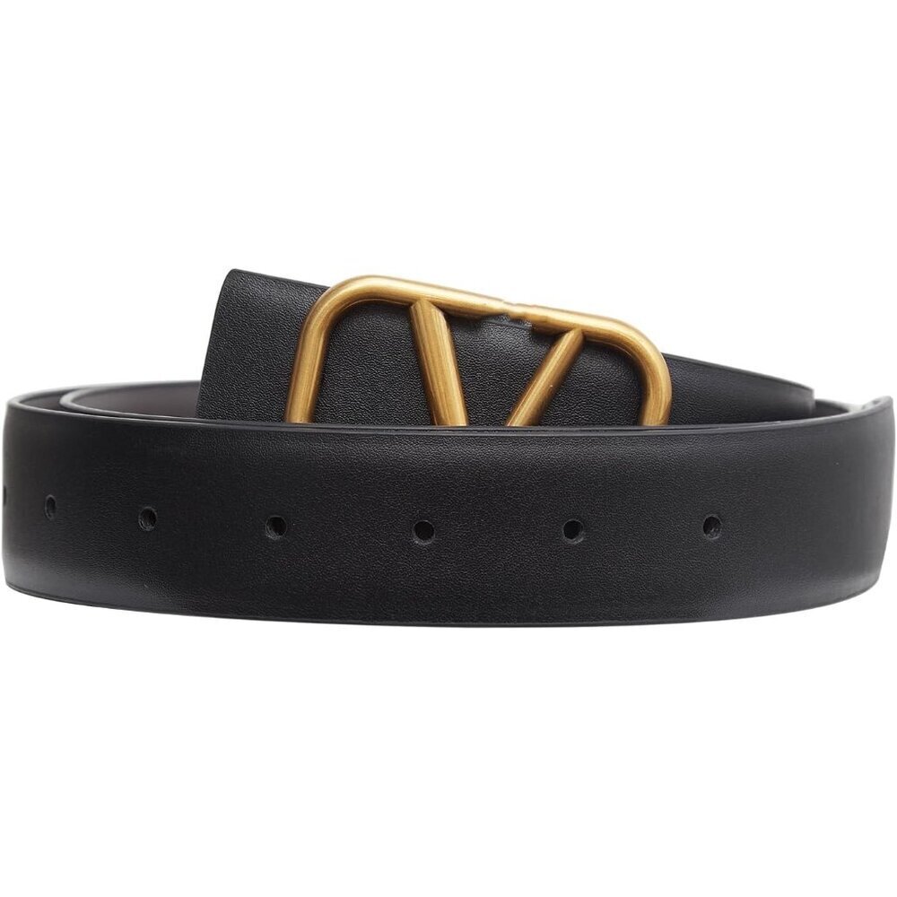 Women's Black Leather Belts for Jeans Dresses With Fashion Gold Buckle